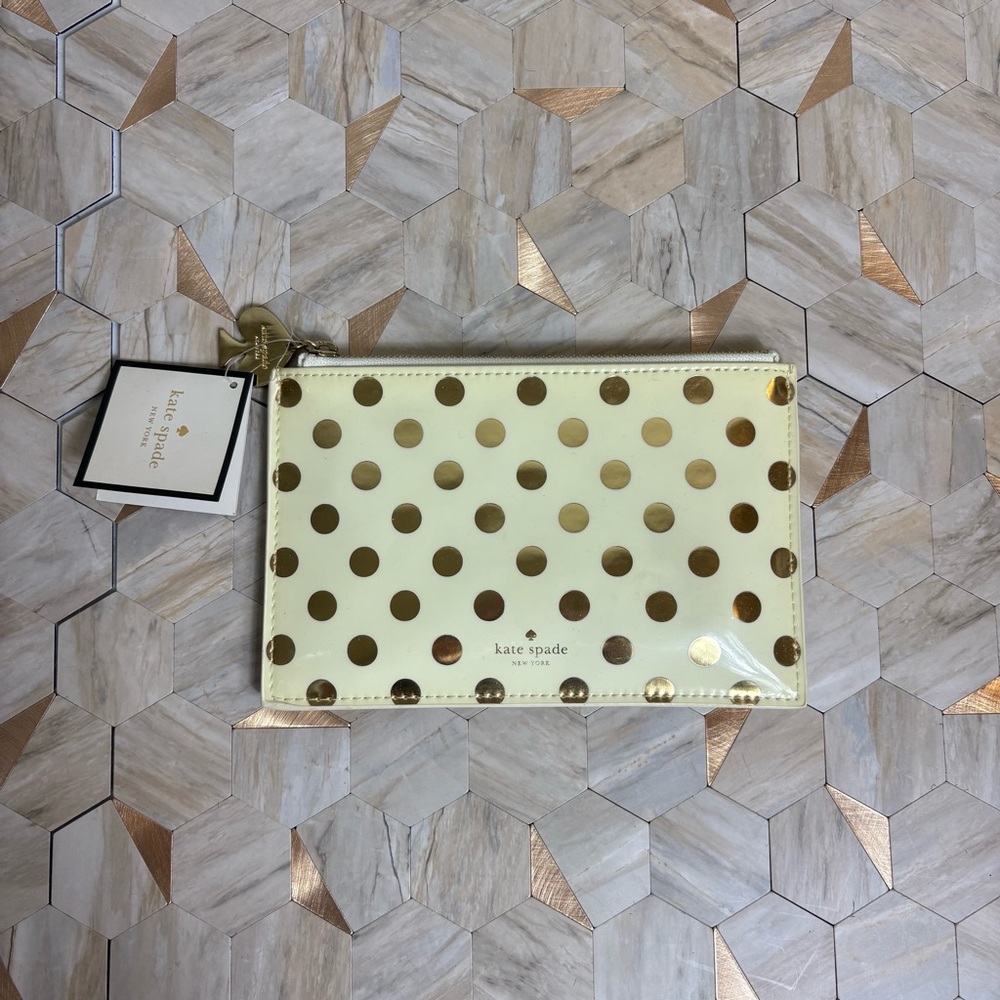 Kate Spade New York Golden Dots Vinyl Pencil Pouch w/Accessories NWT